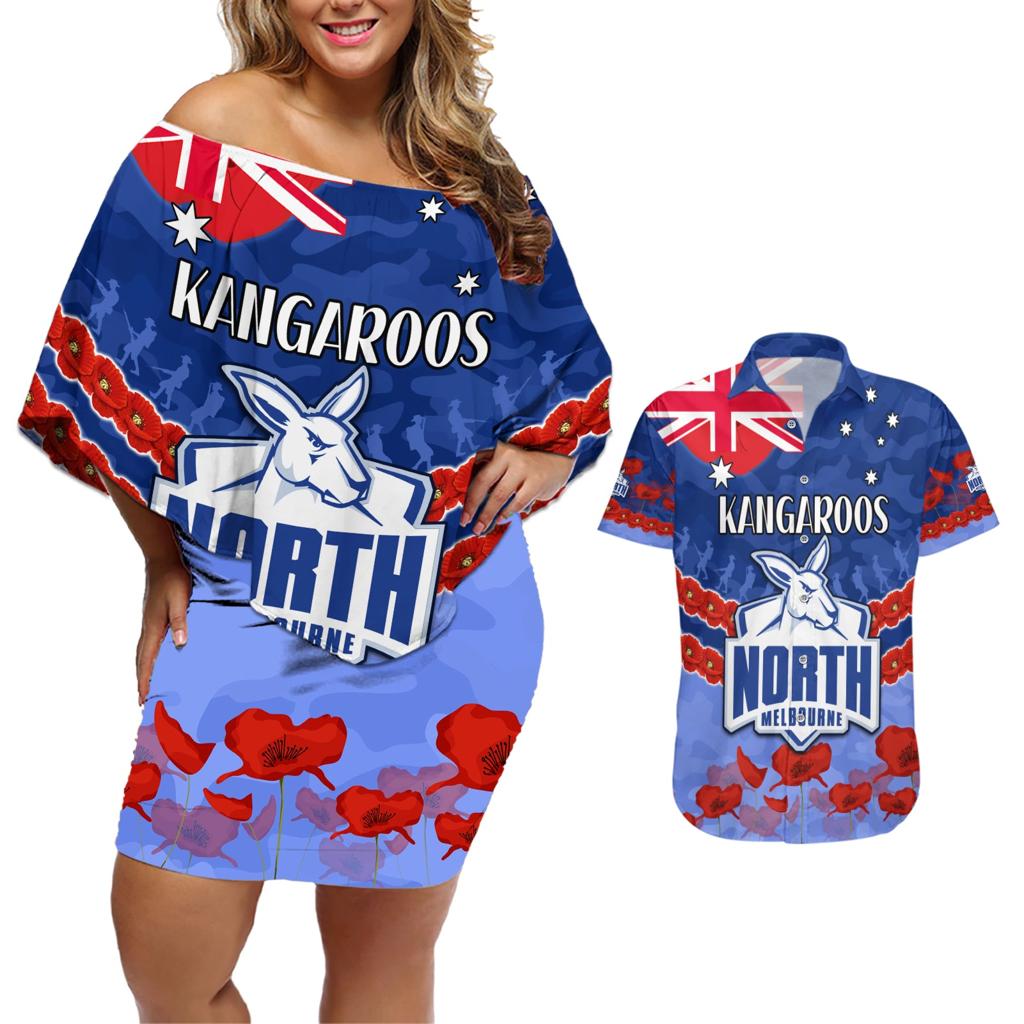 Custom Kangaroos Football Couples Matching Off Shoulder Short Dress and Hawaiian Shirt ANZAC Lest We Forget