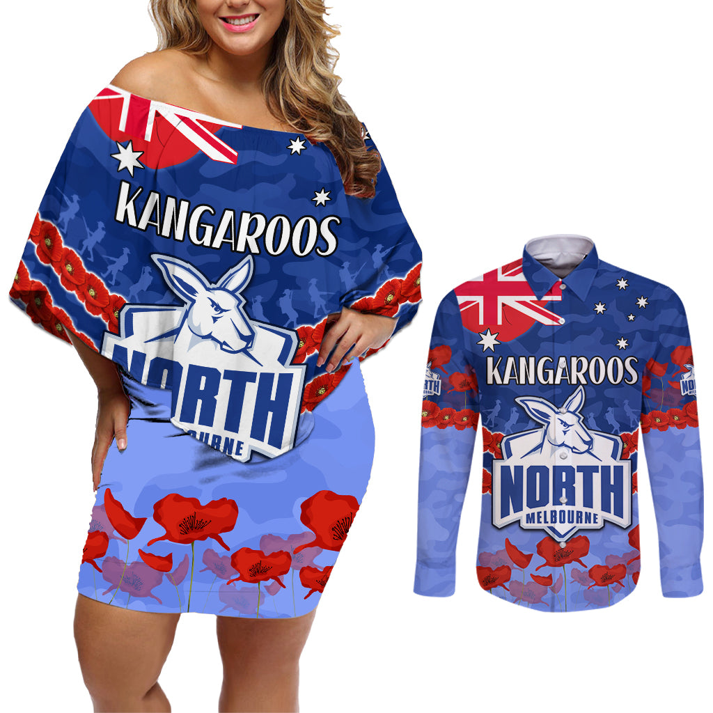 Custom Kangaroos Football Couples Matching Off Shoulder Short Dress and Long Sleeve Button Shirt ANZAC Lest We Forget