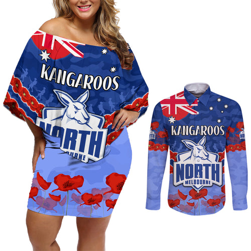 Custom Kangaroos Football Couples Matching Off Shoulder Short Dress and Long Sleeve Button Shirt ANZAC Lest We Forget