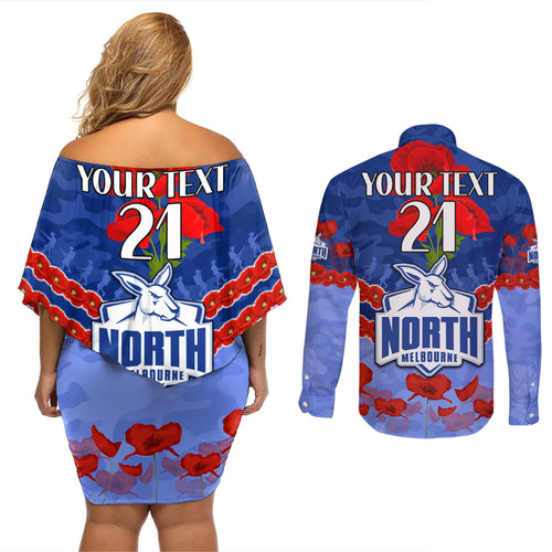 Custom Kangaroos Football Couples Matching Off Shoulder Short Dress and Long Sleeve Button Shirt ANZAC Lest We Forget