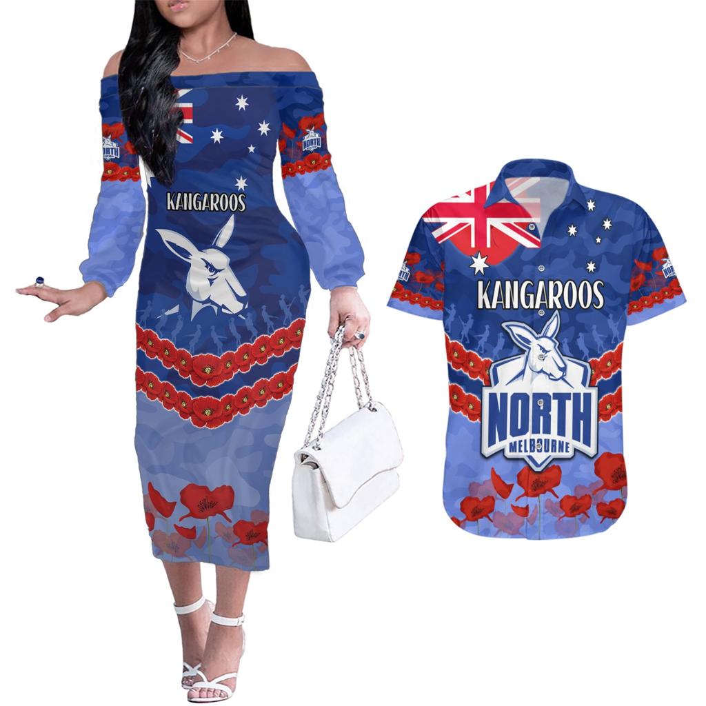 Custom Kangaroos Football Couples Matching Off The Shoulder Long Sleeve Dress and Hawaiian Shirt ANZAC Lest We Forget