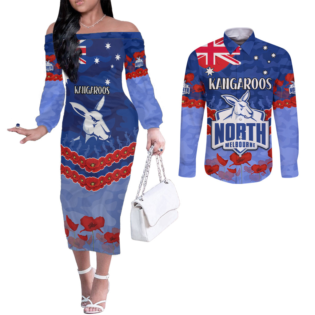 Custom Kangaroos Football Couples Matching Off The Shoulder Long Sleeve Dress and Long Sleeve Button Shirt ANZAC Lest We Forget