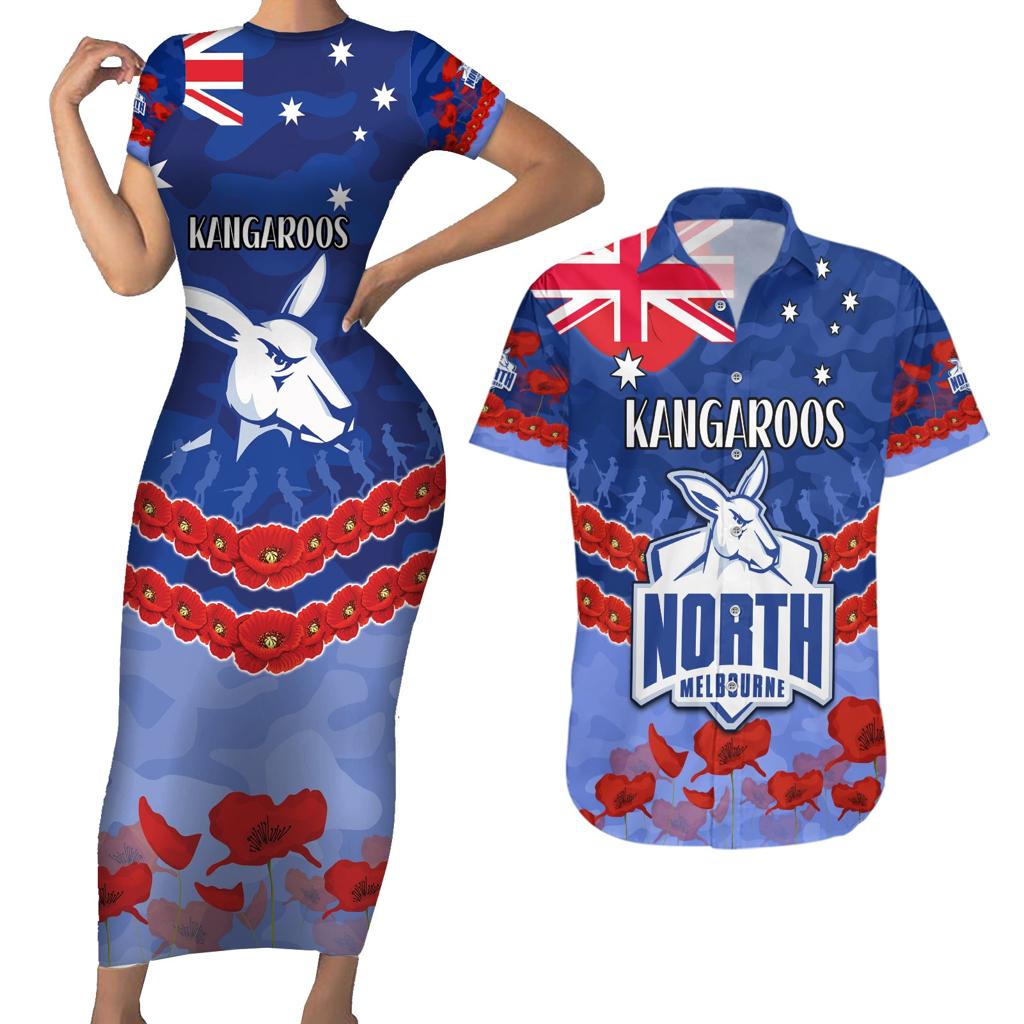 Custom Kangaroos Football Couples Matching Short Sleeve Bodycon Dress and Hawaiian Shirt ANZAC Lest We Forget