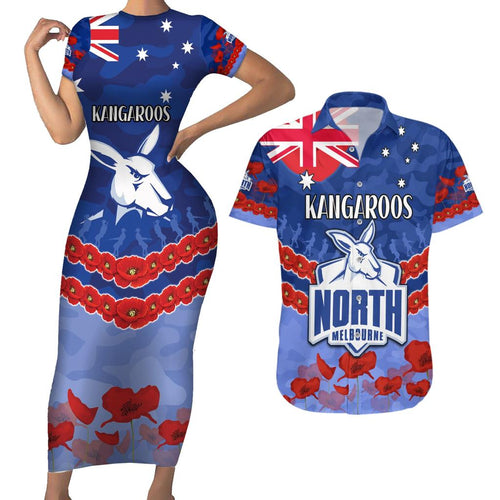 Custom Kangaroos Football Couples Matching Short Sleeve Bodycon Dress and Hawaiian Shirt ANZAC Lest We Forget