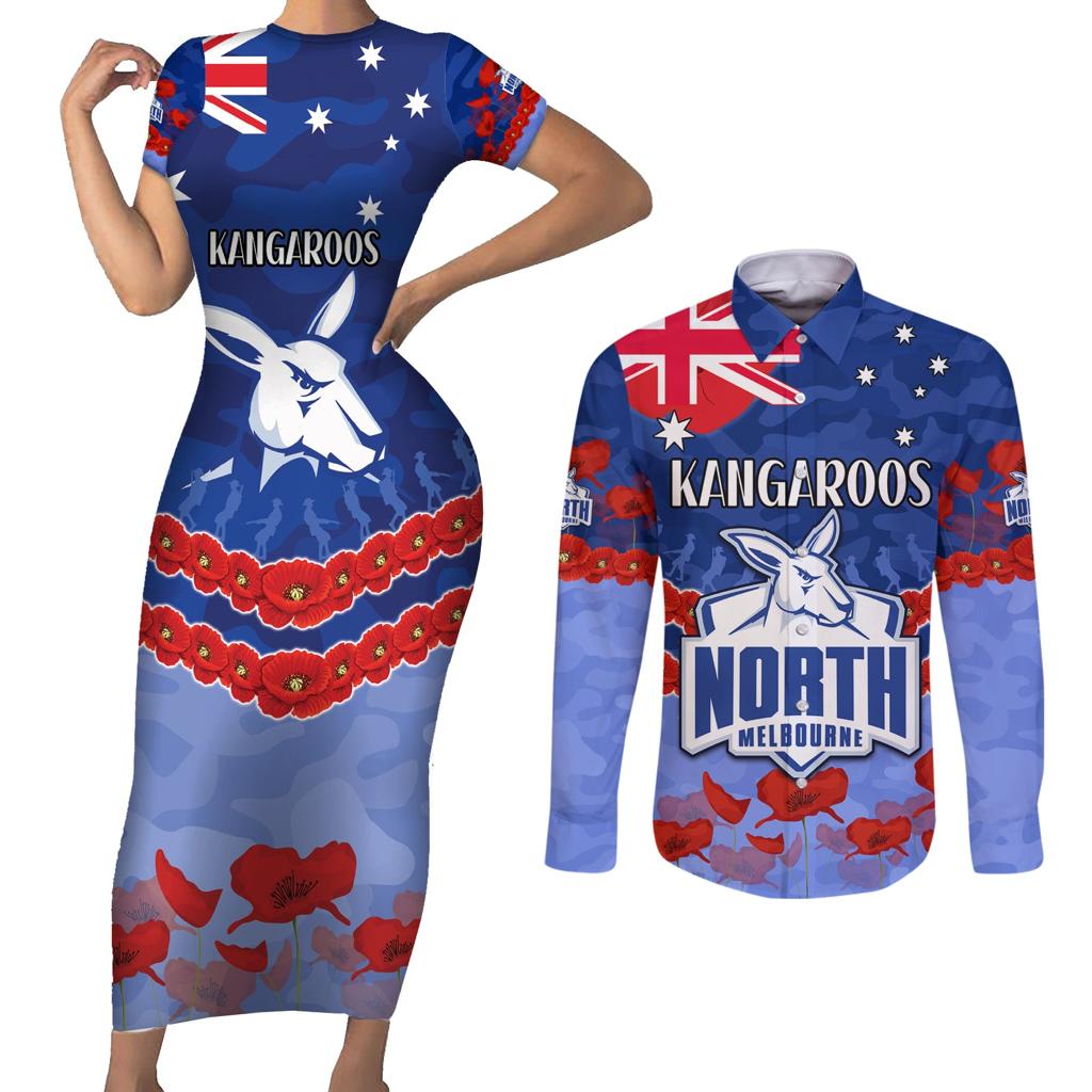 Custom Kangaroos Football Couples Matching Short Sleeve Bodycon Dress and Long Sleeve Button Shirt ANZAC Lest We Forget