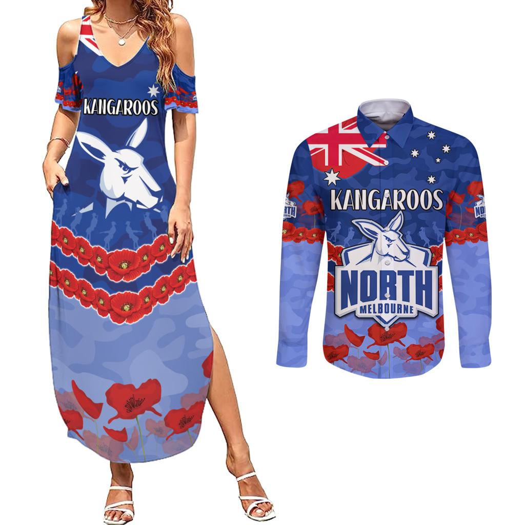 Custom Kangaroos Football Couples Matching Summer Maxi Dress and Long Sleeve Button Shirt ANZAC Lest We Forget