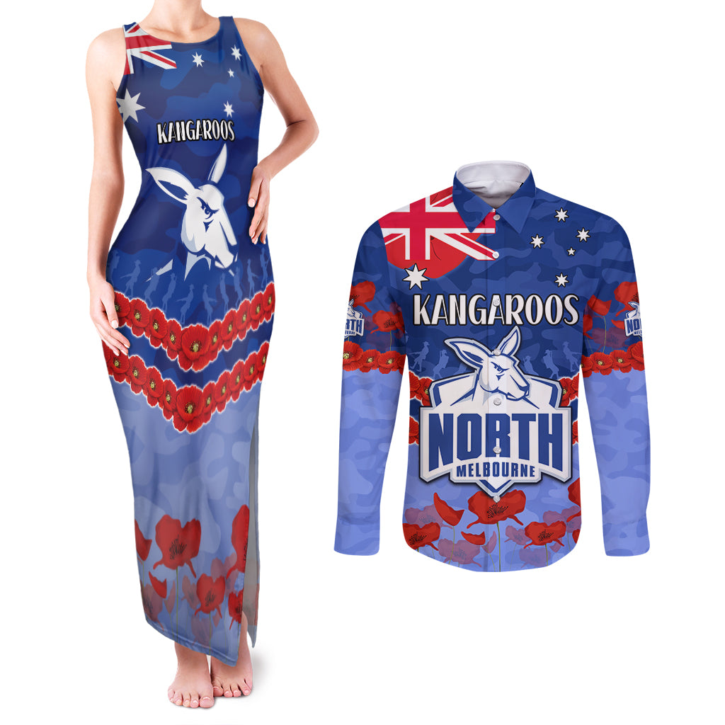 Custom Kangaroos Football Couples Matching Tank Maxi Dress and Long Sleeve Button Shirt ANZAC Lest We Forget
