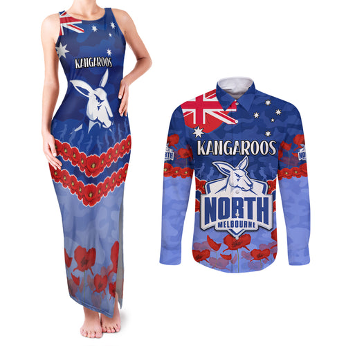 Custom Kangaroos Football Couples Matching Tank Maxi Dress and Long Sleeve Button Shirt ANZAC Lest We Forget