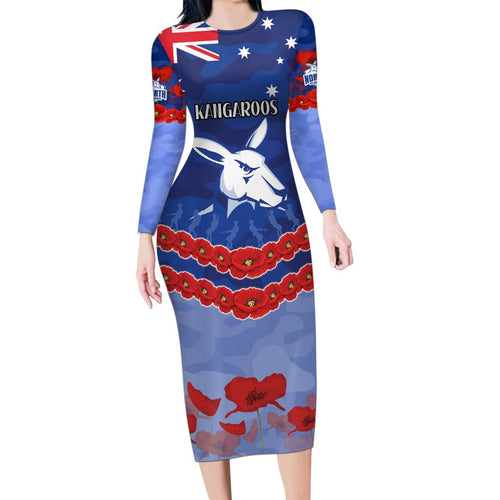 Custom Kangaroos Football Family Matching Long Sleeve Bodycon Dress and Hawaiian Shirt ANZAC Lest We Forget