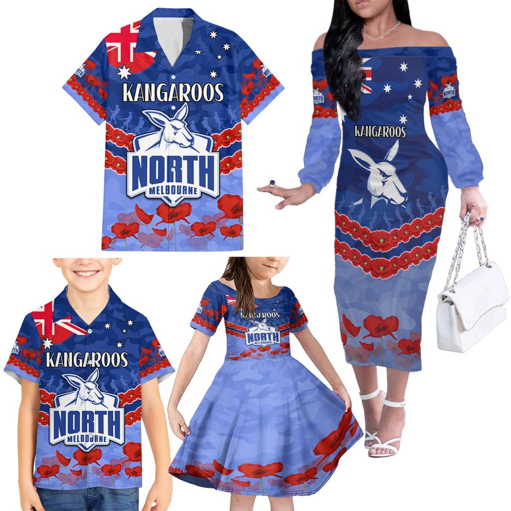 Custom Kangaroos Football Family Matching Off The Shoulder Long Sleeve Dress and Hawaiian Shirt ANZAC Lest We Forget