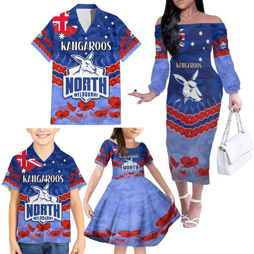 Custom Kangaroos Football Family Matching Off The Shoulder Long Sleeve Dress and Hawaiian Shirt ANZAC Lest We Forget