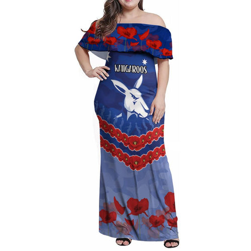 Custom Kangaroos Football Family Matching Off Shoulder Maxi Dress and Hawaiian Shirt ANZAC Lest We Forget