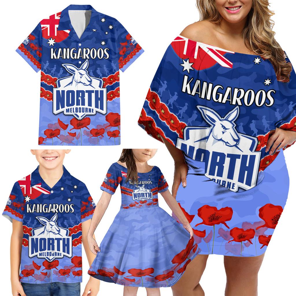 Custom Kangaroos Football Family Matching Off Shoulder Short Dress and Hawaiian Shirt ANZAC Lest We Forget
