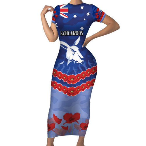 Custom Kangaroos Football Family Matching Short Sleeve Bodycon Dress and Hawaiian Shirt ANZAC Lest We Forget