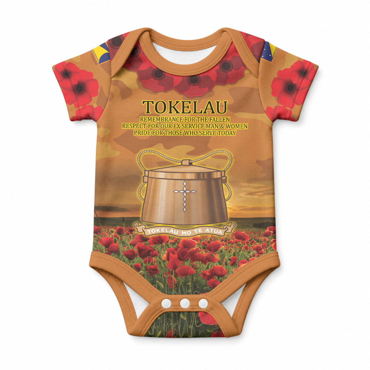 Tokelau ANZAC Day Personalised Baby Onesie with Poppy Field