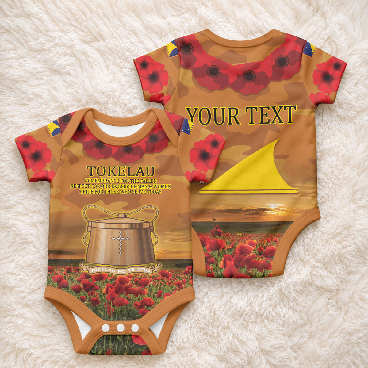 Tokelau ANZAC Day Personalised Baby Onesie with Poppy Field