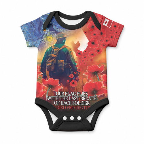 Tonga ANZAC Day Personalised Baby Onesie Soldier Te Tau Manatui Kinautolu with Poppy Field