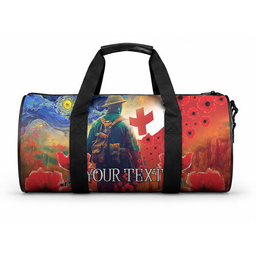 Tonga ANZAC Day Personalised Duffle Bag Soldier Te Tau Manatui Kinautolu with Poppy Field