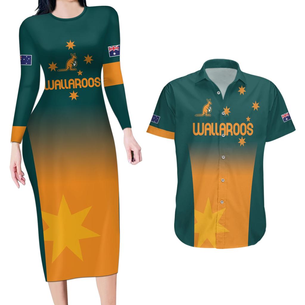 Custom Wallaroos Womens Rugby Couples Matching Long Sleeve Bodycon Dress and Hawaiian Shirt Sporty Style
