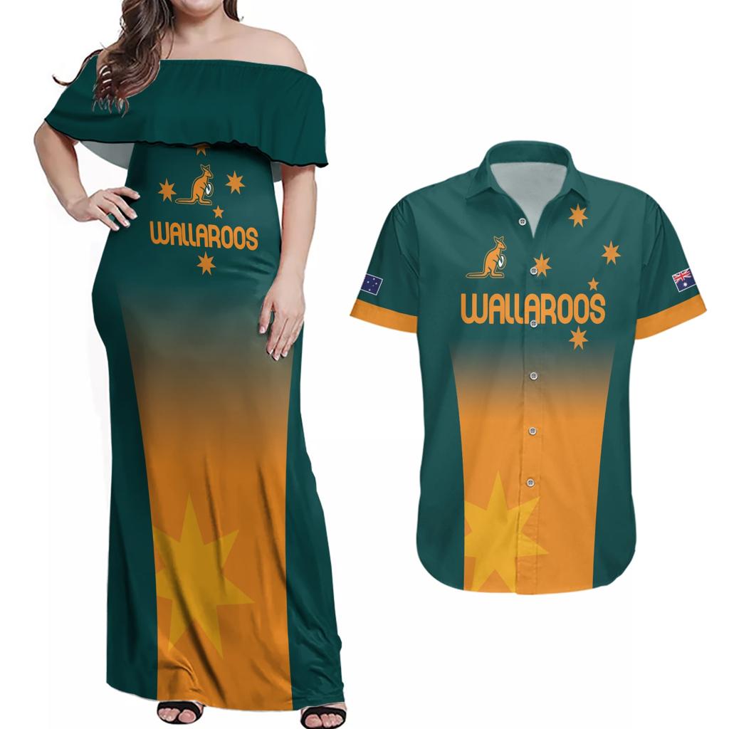 Custom Wallaroos Womens Rugby Couples Matching Off Shoulder Maxi Dress and Hawaiian Shirt Sporty Style