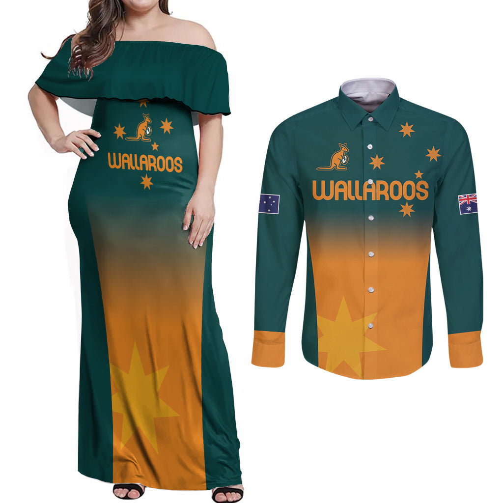 Custom Wallaroos Womens Rugby Couples Matching Off Shoulder Maxi Dress and Long Sleeve Button Shirt Sporty Style