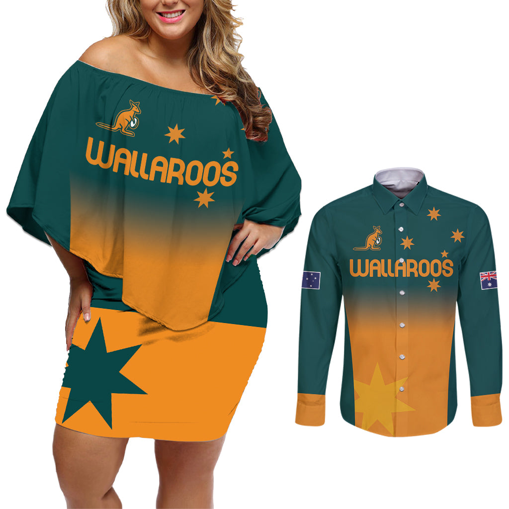 Custom Wallaroos Womens Rugby Couples Matching Off Shoulder Short Dress and Long Sleeve Button Shirt Sporty Style
