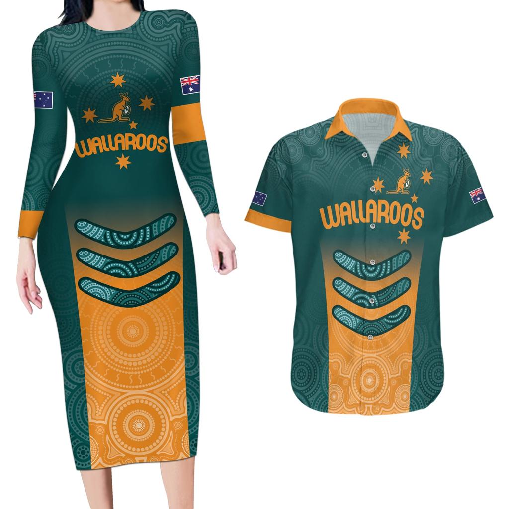 Custom Wallaroos Womens Rugby Couples Matching Long Sleeve Bodycon Dress and Hawaiian Shirt Aboriginal Dots Art