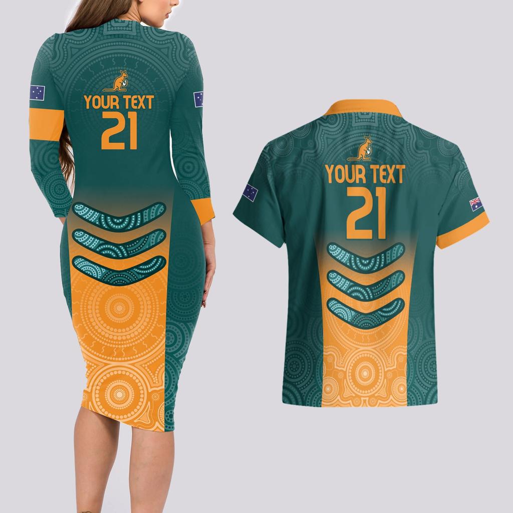 Custom Wallaroos Womens Rugby Couples Matching Long Sleeve Bodycon Dress and Hawaiian Shirt Aboriginal Dots Art