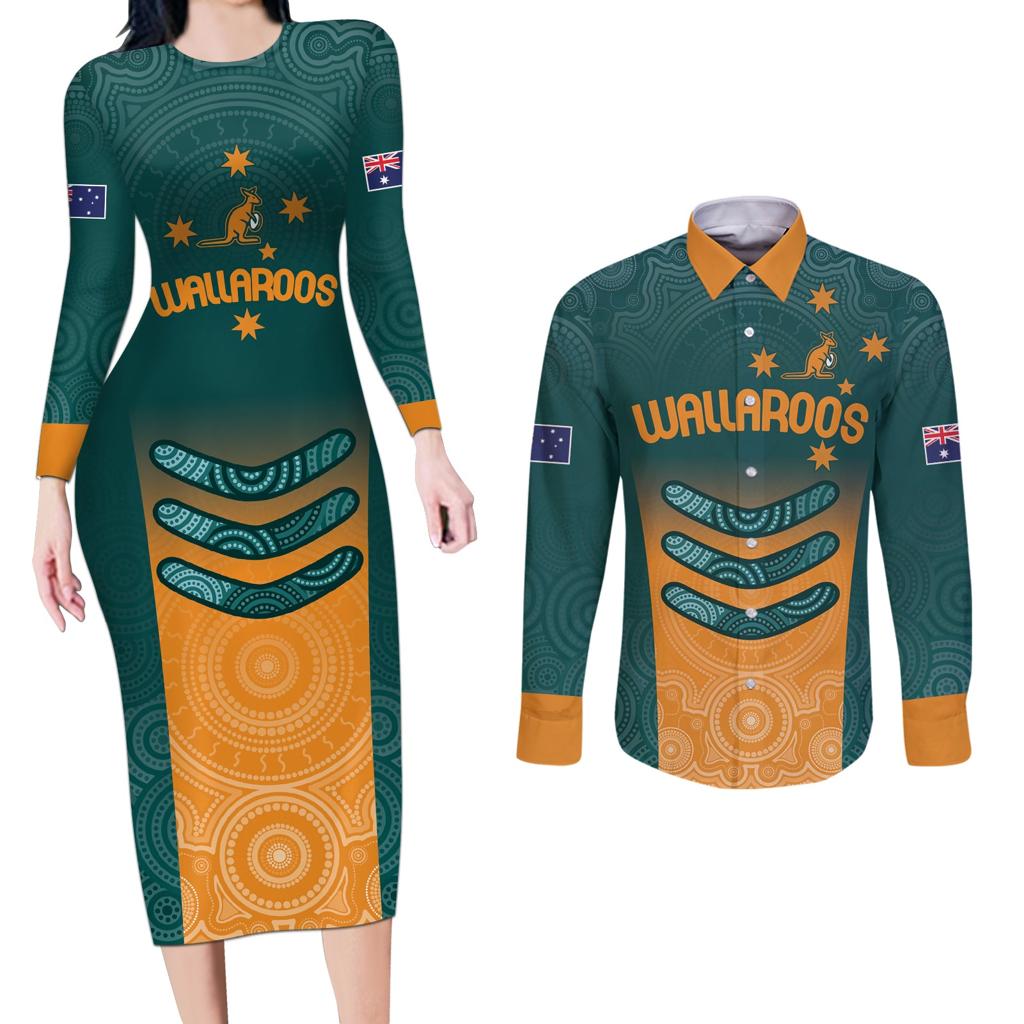 Custom Wallaroos Womens Rugby Couples Matching Long Sleeve Bodycon Dress and Long Sleeve Button Shirt Aboriginal Dots Art