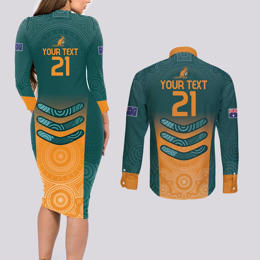 Custom Wallaroos Womens Rugby Couples Matching Long Sleeve Bodycon Dress and Long Sleeve Button Shirt Aboriginal Dots Art