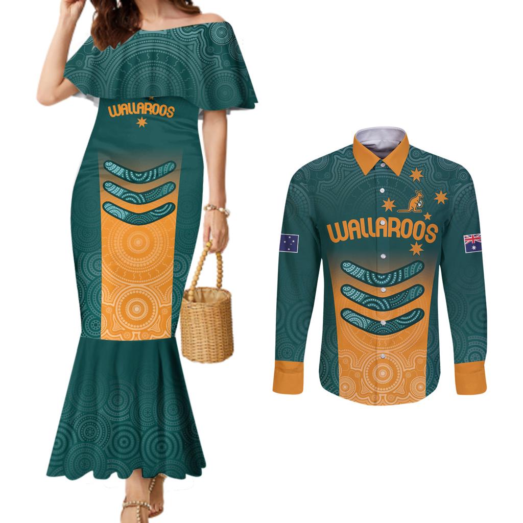 Custom Wallaroos Womens Rugby Couples Matching Mermaid Dress and Long Sleeve Button Shirt Aboriginal Dots Art