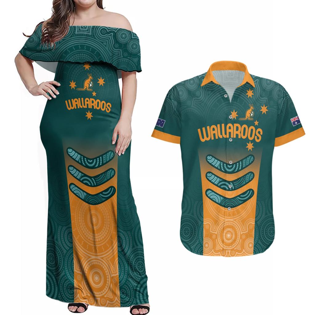 Custom Wallaroos Womens Rugby Couples Matching Off Shoulder Maxi Dress and Hawaiian Shirt Aboriginal Dots Art