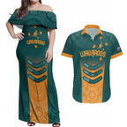 Custom Wallaroos Womens Rugby Couples Matching Off Shoulder Maxi Dress and Hawaiian Shirt Aboriginal Dots Art