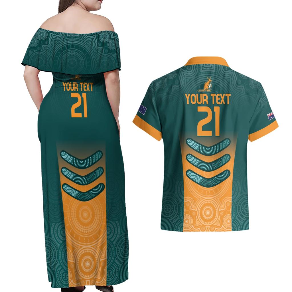 Custom Wallaroos Womens Rugby Couples Matching Off Shoulder Maxi Dress and Hawaiian Shirt Aboriginal Dots Art
