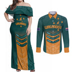 Custom Wallaroos Womens Rugby Couples Matching Off Shoulder Maxi Dress and Long Sleeve Button Shirt Aboriginal Dots Art