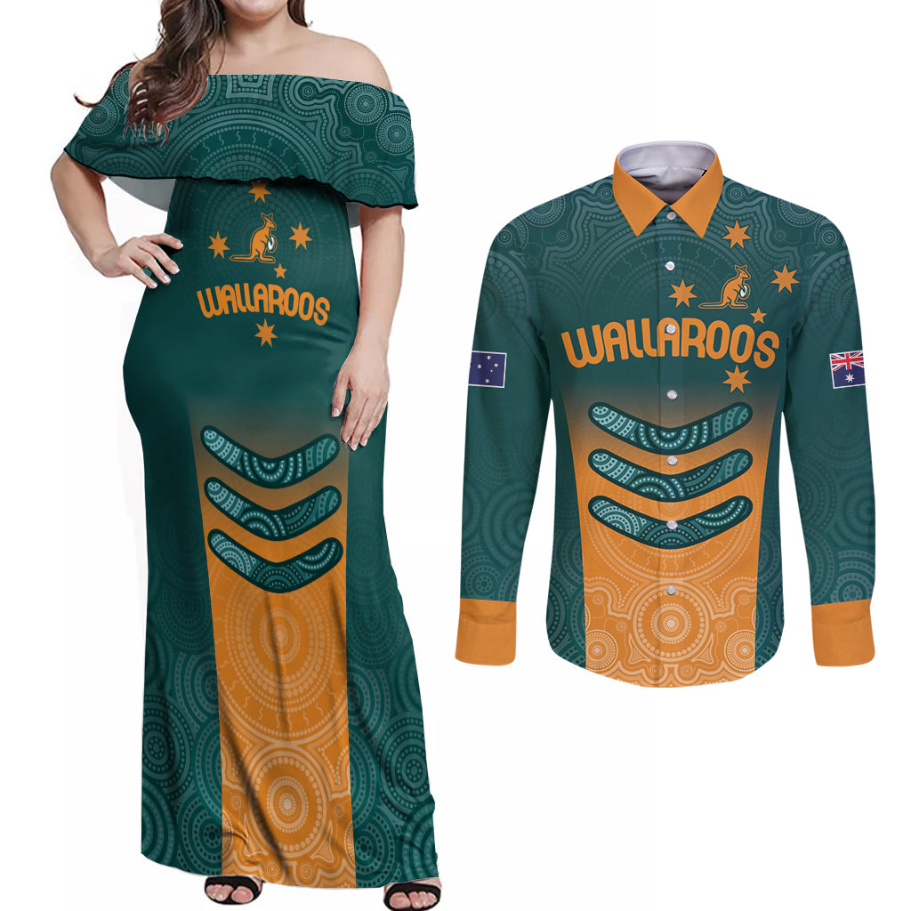 Custom Wallaroos Womens Rugby Couples Matching Off Shoulder Maxi Dress and Long Sleeve Button Shirt Aboriginal Dots Art