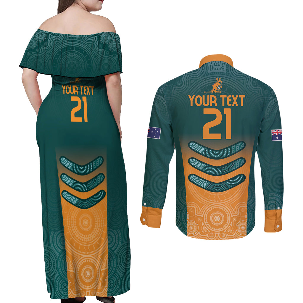 Custom Wallaroos Womens Rugby Couples Matching Off Shoulder Maxi Dress and Long Sleeve Button Shirt Aboriginal Dots Art
