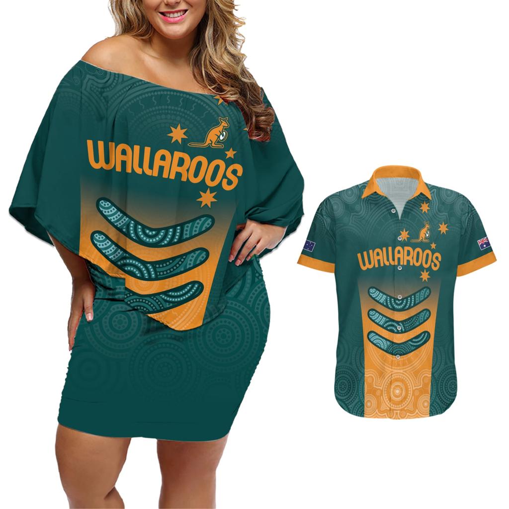 Custom Wallaroos Womens Rugby Couples Matching Off Shoulder Short Dress and Hawaiian Shirt Aboriginal Dots Art