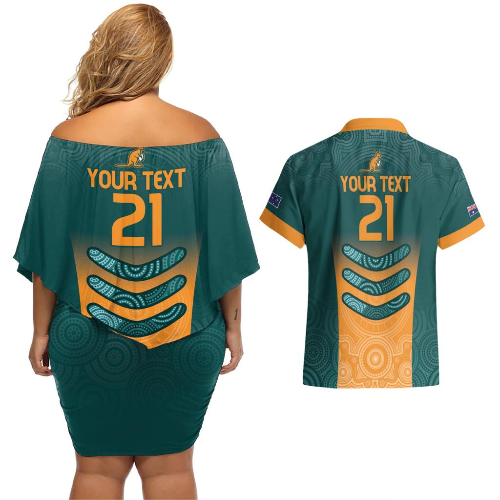 Custom Wallaroos Womens Rugby Couples Matching Off Shoulder Short Dress and Hawaiian Shirt Aboriginal Dots Art