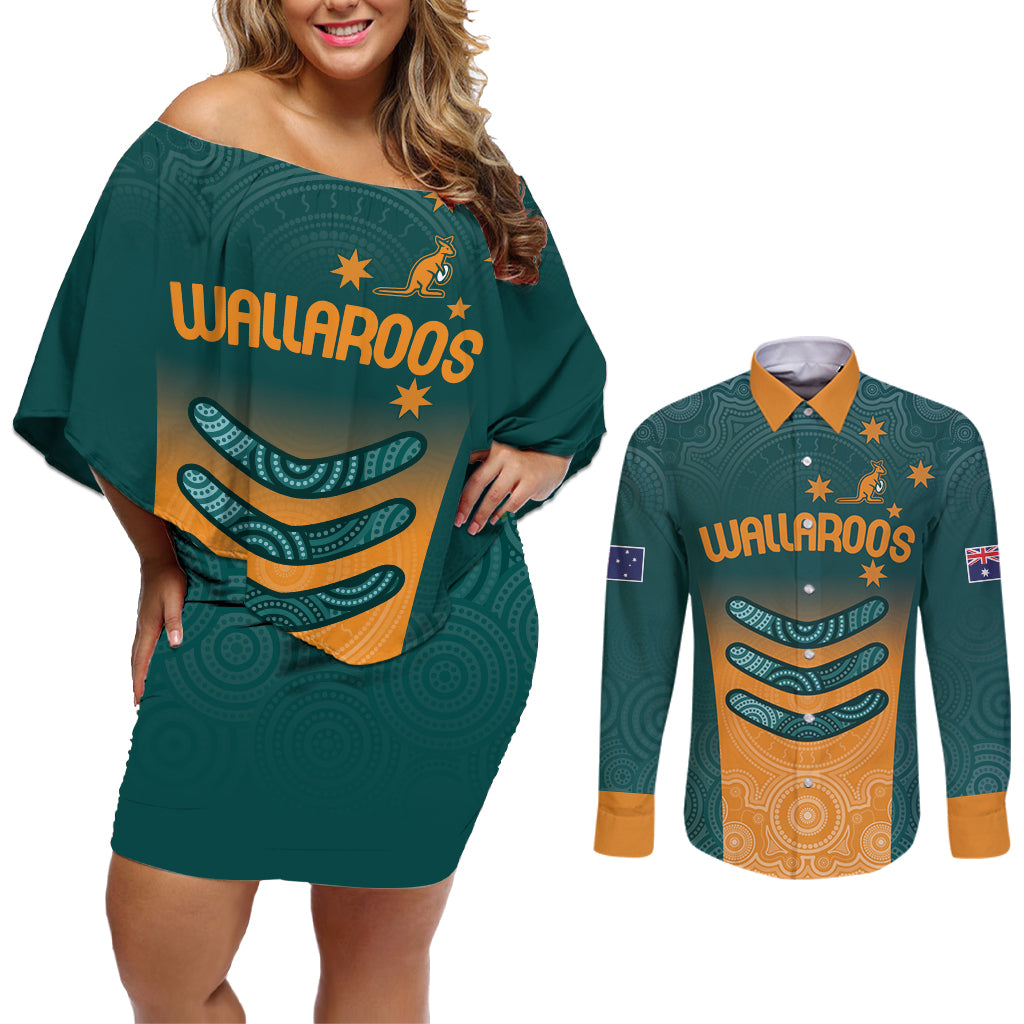 Custom Wallaroos Womens Rugby Couples Matching Off Shoulder Short Dress and Long Sleeve Button Shirt Aboriginal Dots Art