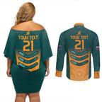 Custom Wallaroos Womens Rugby Couples Matching Off Shoulder Short Dress and Long Sleeve Button Shirt Aboriginal Dots Art