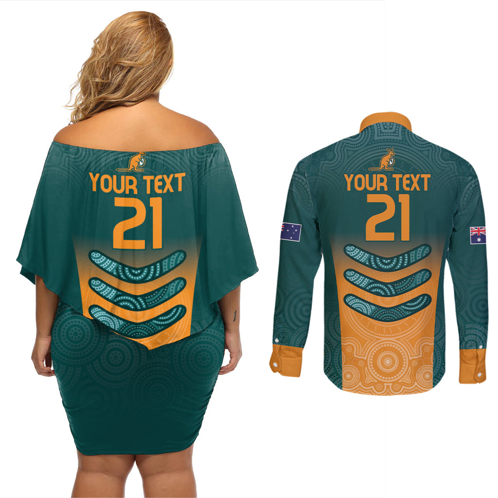 Custom Wallaroos Womens Rugby Couples Matching Off Shoulder Short Dress and Long Sleeve Button Shirt Aboriginal Dots Art