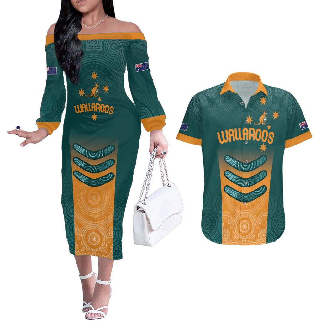 Custom Wallaroos Womens Rugby Couples Matching Off The Shoulder Long Sleeve Dress and Hawaiian Shirt Aboriginal Dots Art