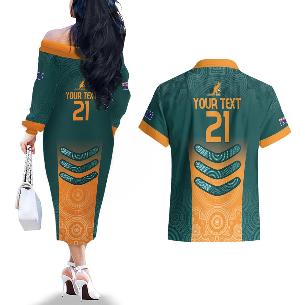 Custom Wallaroos Womens Rugby Couples Matching Off The Shoulder Long Sleeve Dress and Hawaiian Shirt Aboriginal Dots Art