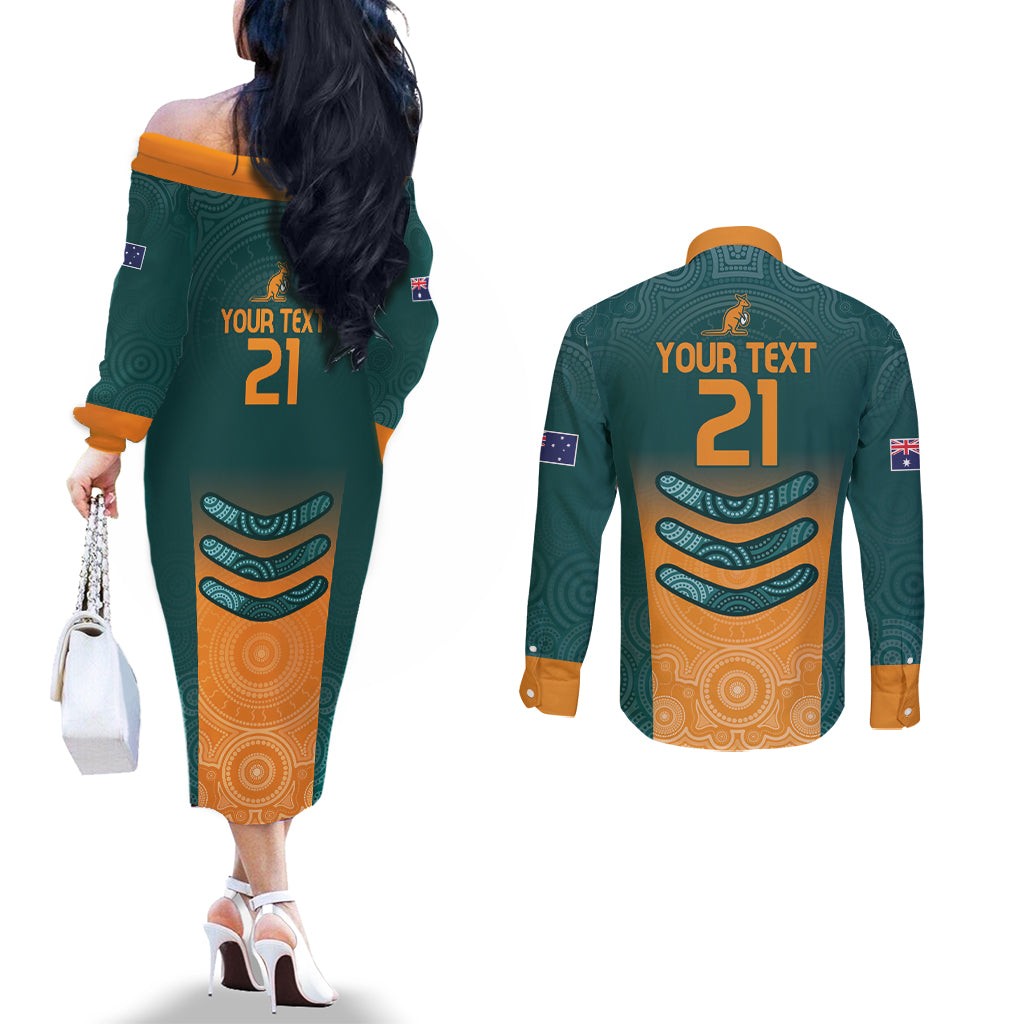 Custom Wallaroos Womens Rugby Couples Matching Off The Shoulder Long Sleeve Dress and Long Sleeve Button Shirt Aboriginal Dots Art