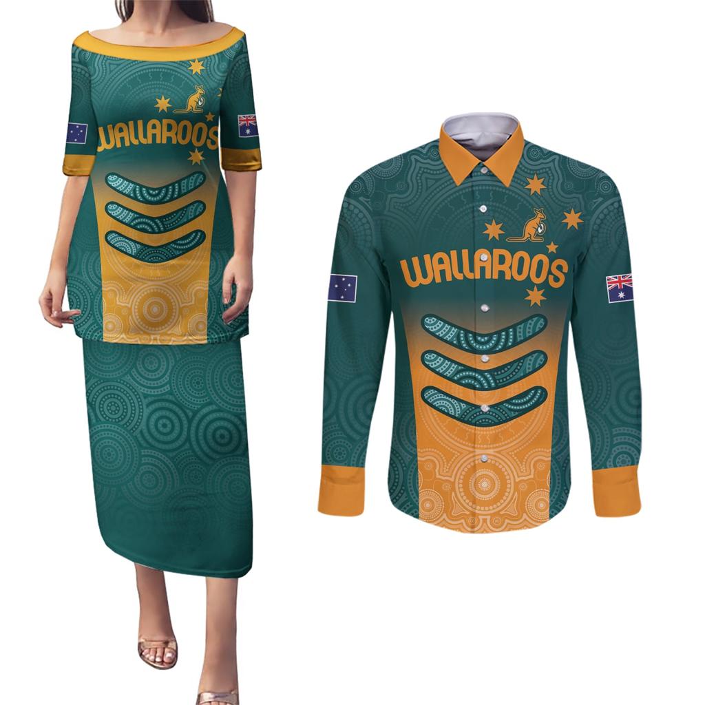 Custom Wallaroos Womens Rugby Couples Matching Puletasi and Long Sleeve Button Shirt Aboriginal Dots Art