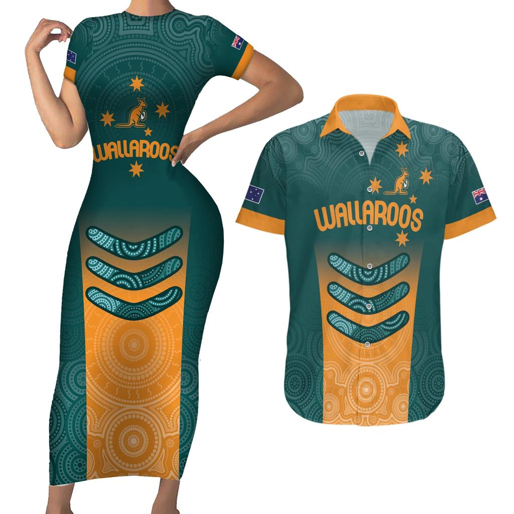 Custom Wallaroos Womens Rugby Couples Matching Short Sleeve Bodycon Dress and Hawaiian Shirt Aboriginal Dots Art