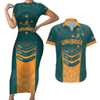 Custom Wallaroos Womens Rugby Couples Matching Short Sleeve Bodycon Dress and Hawaiian Shirt Aboriginal Dots Art