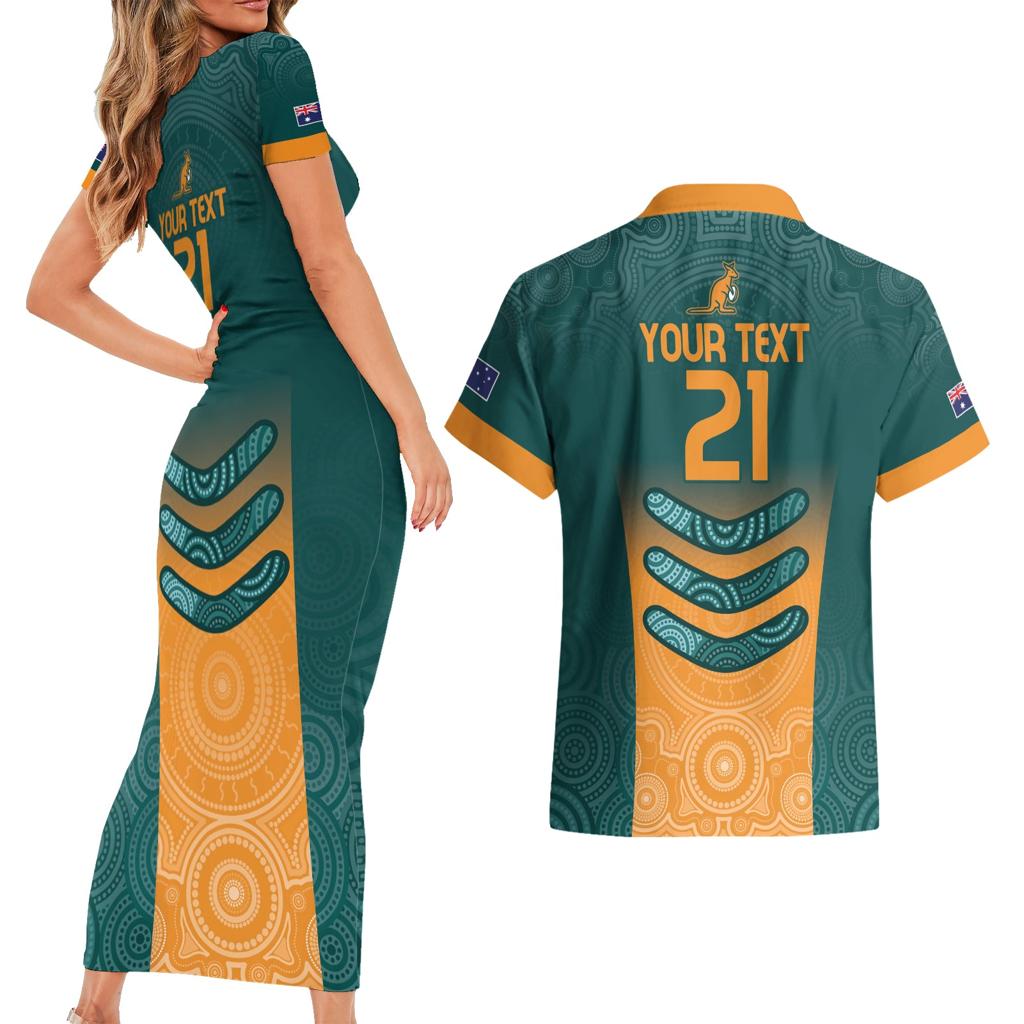 Custom Wallaroos Womens Rugby Couples Matching Short Sleeve Bodycon Dress and Hawaiian Shirt Aboriginal Dots Art