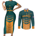 Custom Wallaroos Womens Rugby Couples Matching Short Sleeve Bodycon Dress and Long Sleeve Button Shirt Aboriginal Dots Art